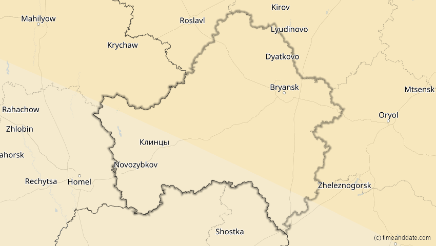 A map of Brjansk, Russland, showing the path of the 12. Sep 2072 Totale Sonnenfinsternis