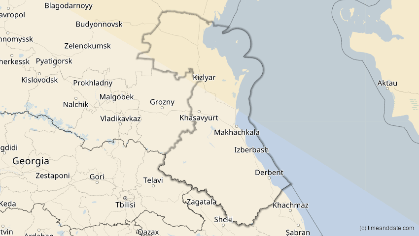 A map of Dagestan, Russland, showing the path of the 12. Sep 2072 Totale Sonnenfinsternis