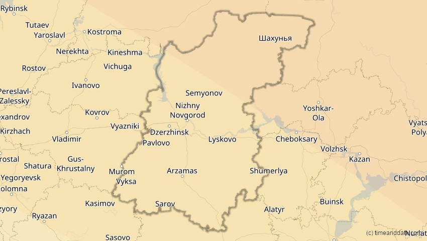 A map of Nischni Nowgorod, Russland, showing the path of the 12. Sep 2072 Totale Sonnenfinsternis