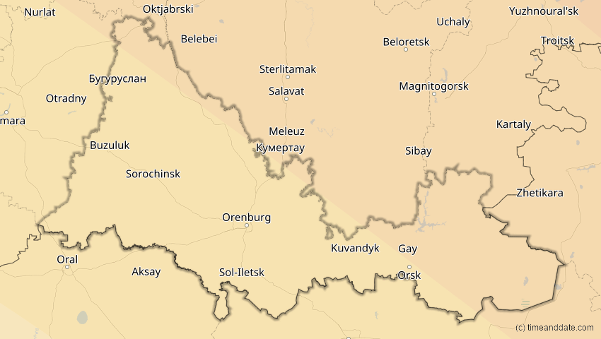 A map of Orenburg, Russland, showing the path of the 12. Sep 2072 Totale Sonnenfinsternis