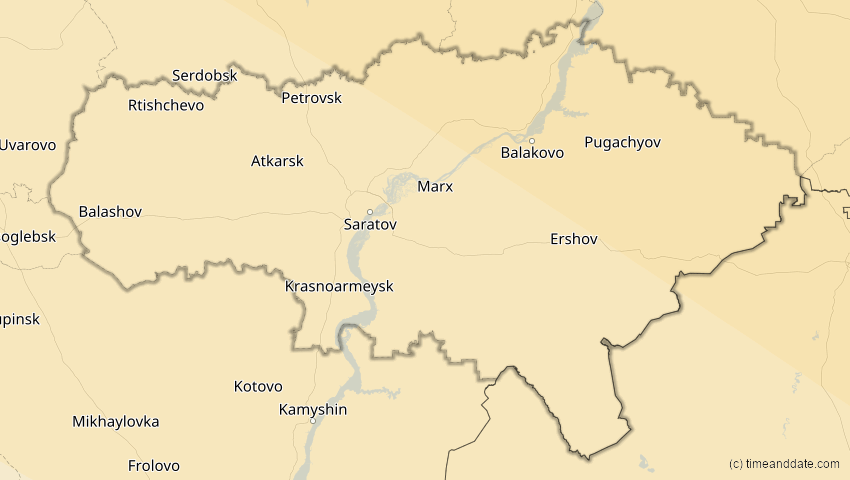 A map of Saratow, Russland, showing the path of the 12. Sep 2072 Totale Sonnenfinsternis