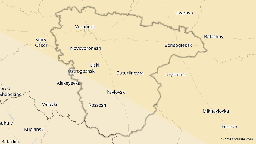 A map of Woronesch, Russland, showing the path of the 12. Sep 2072 Totale Sonnenfinsternis