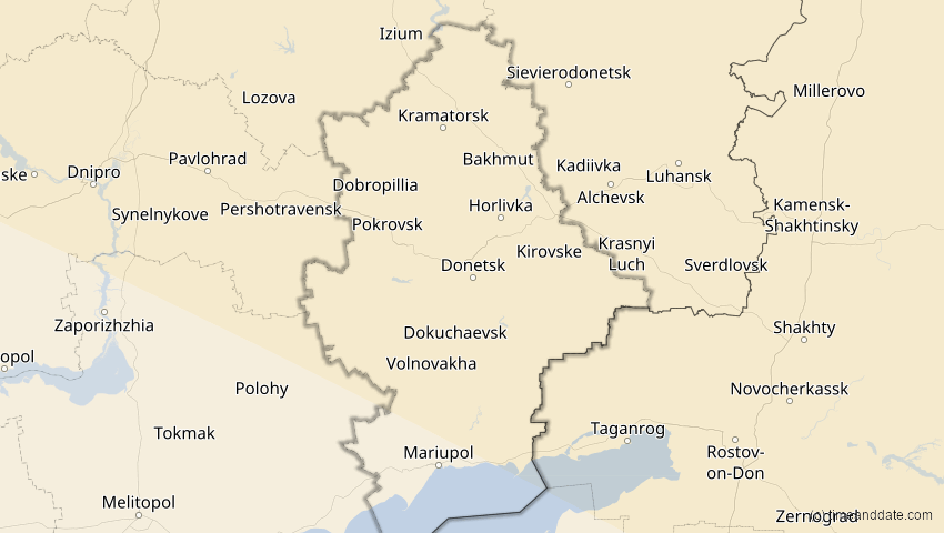 A map of Donezk, Ukraine, showing the path of the 12. Sep 2072 Totale Sonnenfinsternis