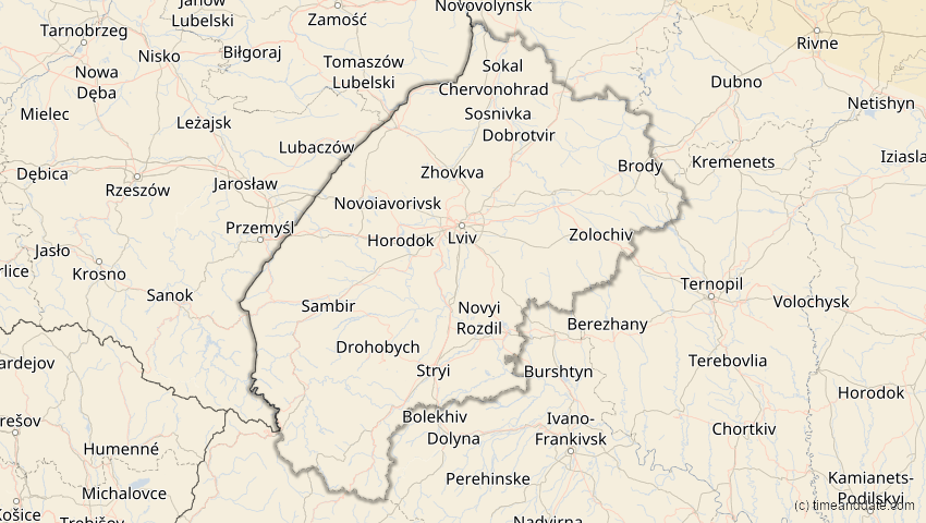 A map of Lwiw, Ukraine, showing the path of the 12. Sep 2072 Totale Sonnenfinsternis