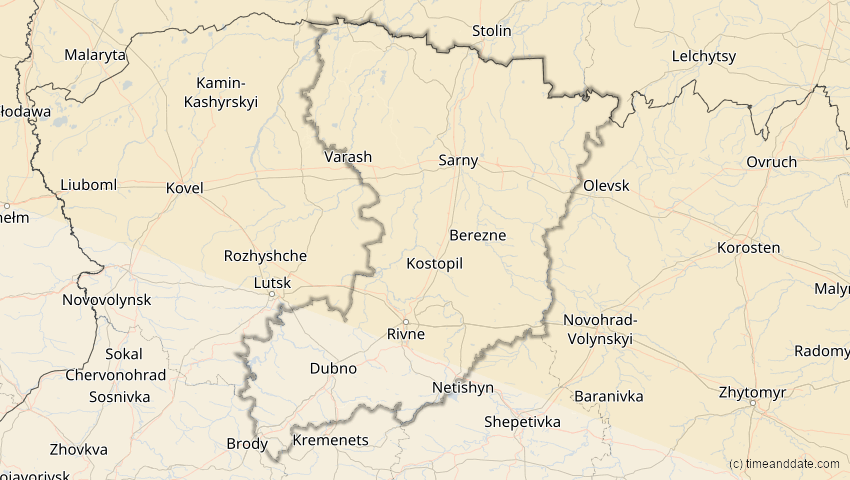 A map of Riwne, Ukraine, showing the path of the 12. Sep 2072 Totale Sonnenfinsternis