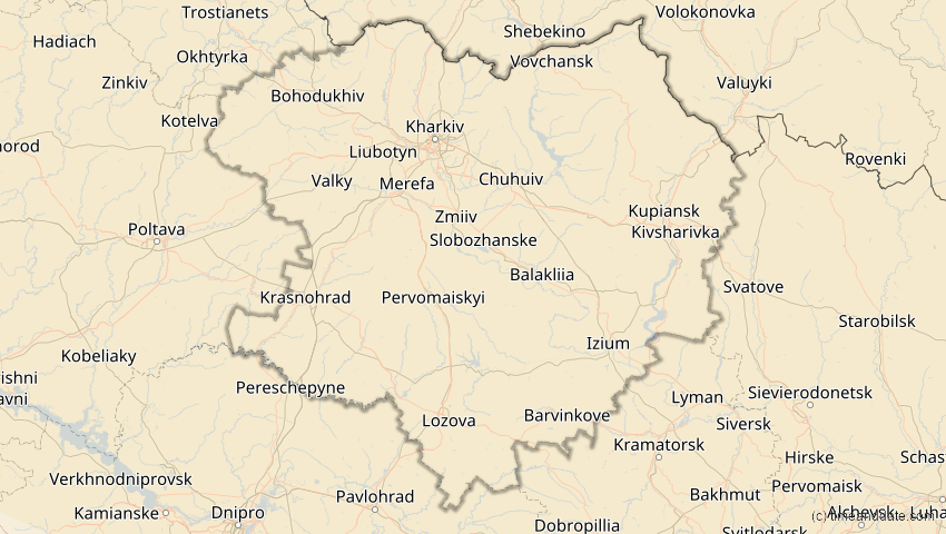 A map of Charkiw, Ukraine, showing the path of the 12. Sep 2072 Totale Sonnenfinsternis