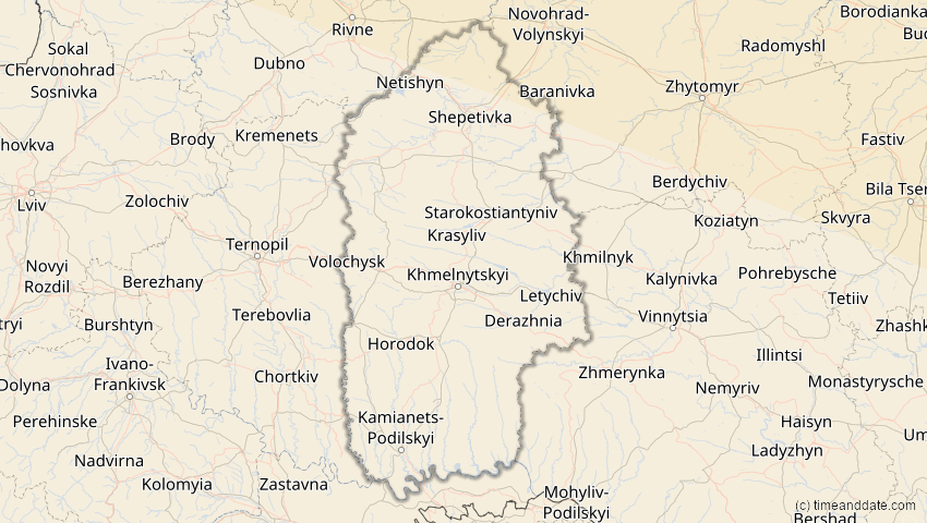 A map of Chmelnyzkyj, Ukraine, showing the path of the 12. Sep 2072 Totale Sonnenfinsternis