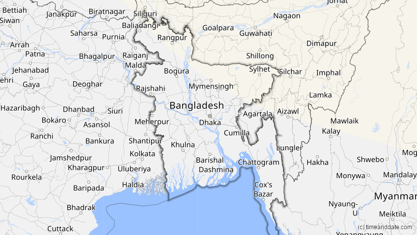 A map of Bangladesch, showing the path of the 7. Feb 2073 Partielle Sonnenfinsternis