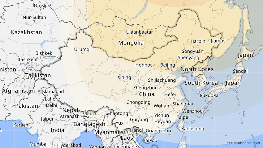 A map of China, showing the path of the 7. Feb 2073 Partielle Sonnenfinsternis