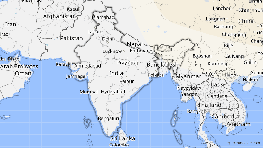 A map of Indien, showing the path of the 7. Feb 2073 Partielle Sonnenfinsternis