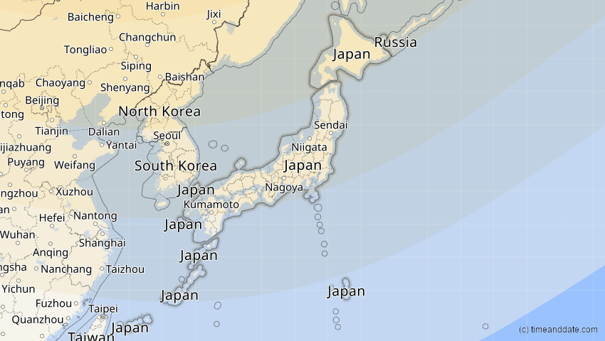 A map of Japan, showing the path of the 7. Feb 2073 Partielle Sonnenfinsternis