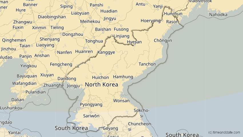 A map of Nordkorea, showing the path of the 7. Feb 2073 Partielle Sonnenfinsternis
