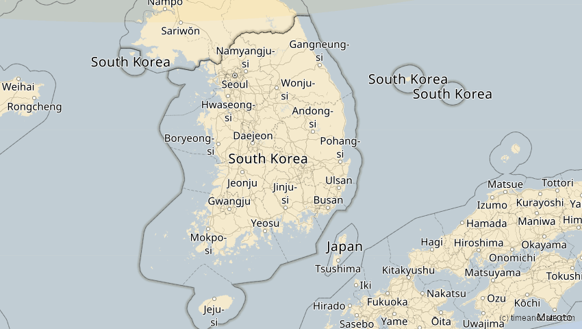 A map of Südkorea, showing the path of the 7. Feb 2073 Partielle Sonnenfinsternis