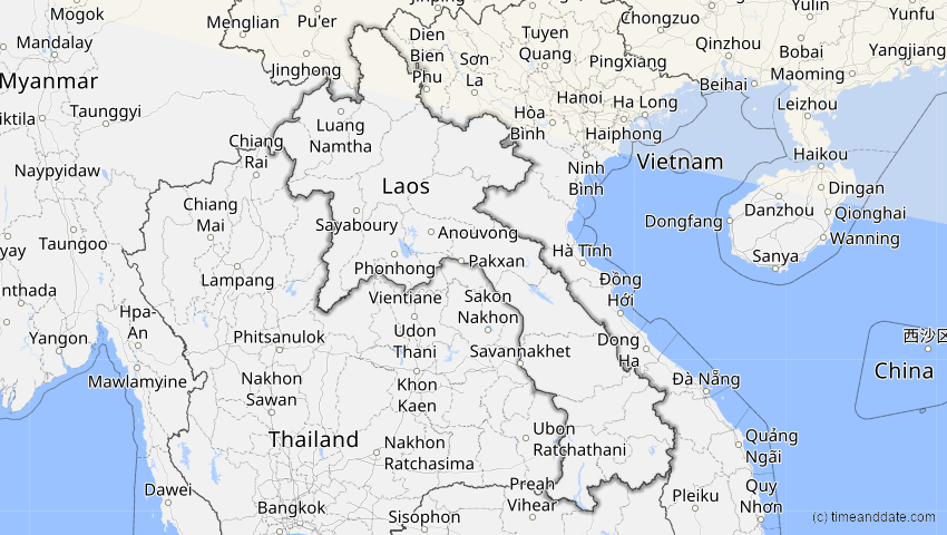 A map of Laos, showing the path of the 7. Feb 2073 Partielle Sonnenfinsternis