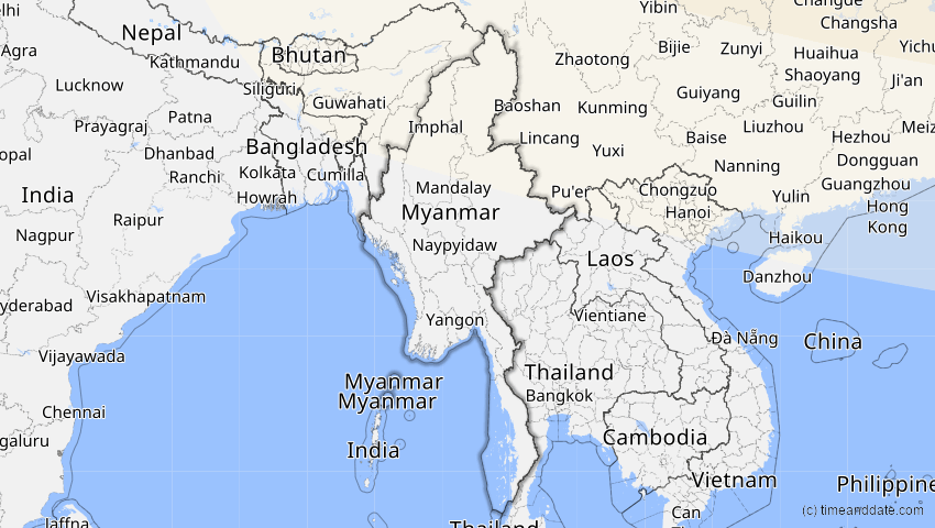 A map of Myanmar, showing the path of the 7. Feb 2073 Partielle Sonnenfinsternis