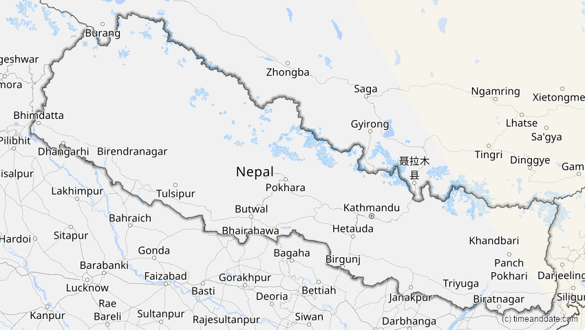 A map of Nepal, showing the path of the 7. Feb 2073 Partielle Sonnenfinsternis