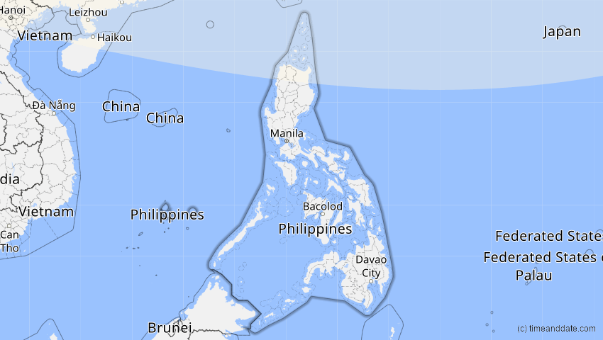 A map of Philippinen, showing the path of the 7. Feb 2073 Partielle Sonnenfinsternis