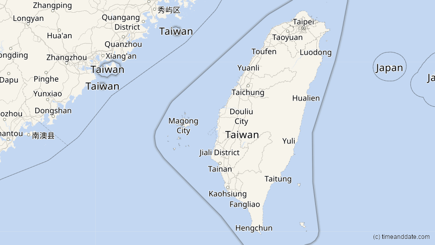 A map of Taiwan, showing the path of the 7. Feb 2073 Partielle Sonnenfinsternis