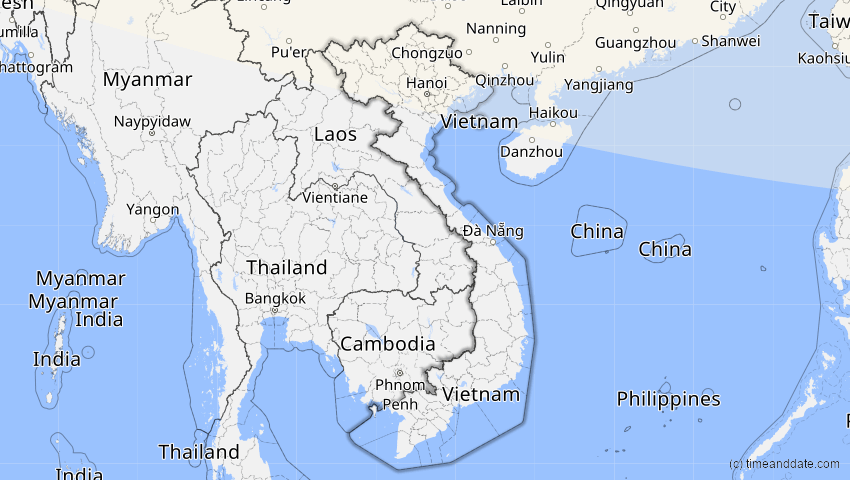 A map of Vietnam, showing the path of the 7. Feb 2073 Partielle Sonnenfinsternis