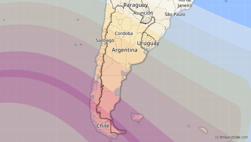 A map of Argentinien, showing the path of the 3. Aug 2073 Totale Sonnenfinsternis