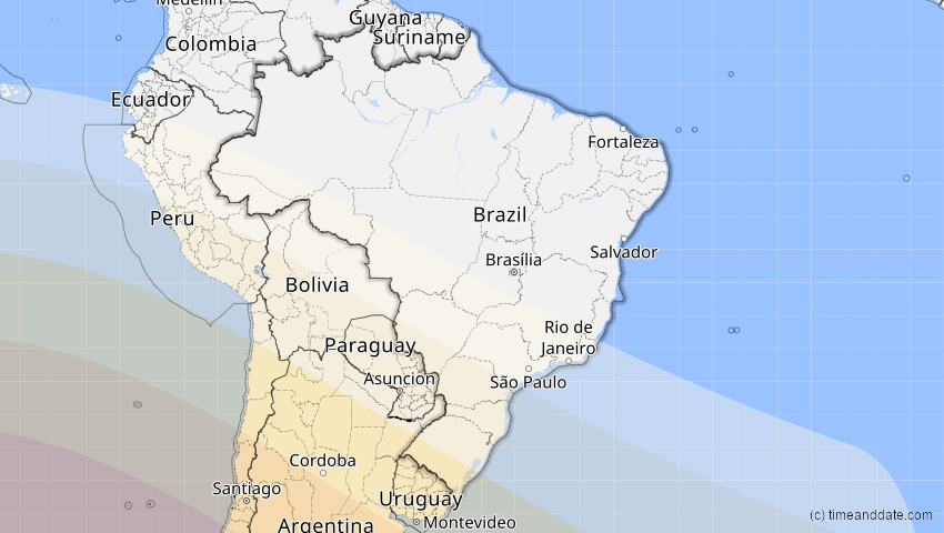 A map of Brasilien, showing the path of the 3. Aug 2073 Totale Sonnenfinsternis
