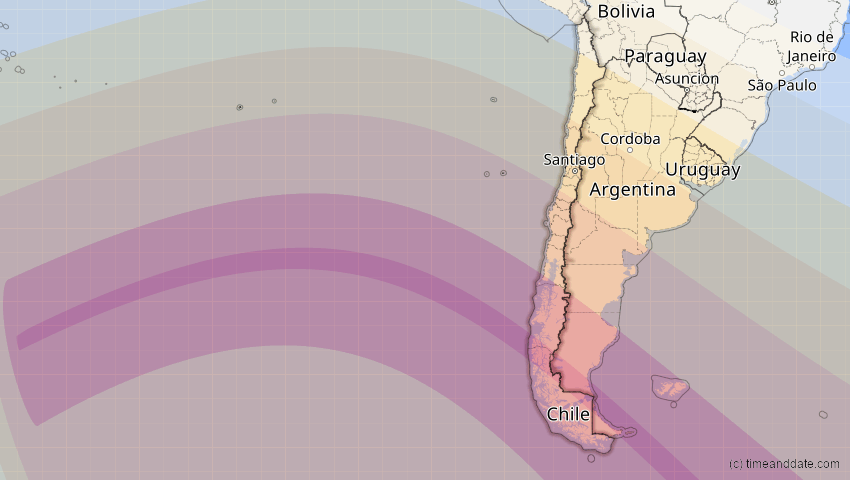 A map of Chile, showing the path of the 3. Aug 2073 Totale Sonnenfinsternis