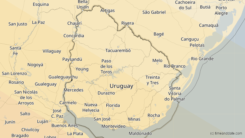 A map of Uruguay, showing the path of the 3. Aug 2073 Totale Sonnenfinsternis