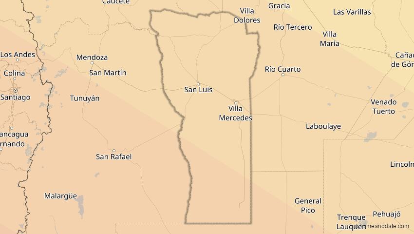 A map of San Luis, Argentinien, showing the path of the 3. Aug 2073 Totale Sonnenfinsternis
