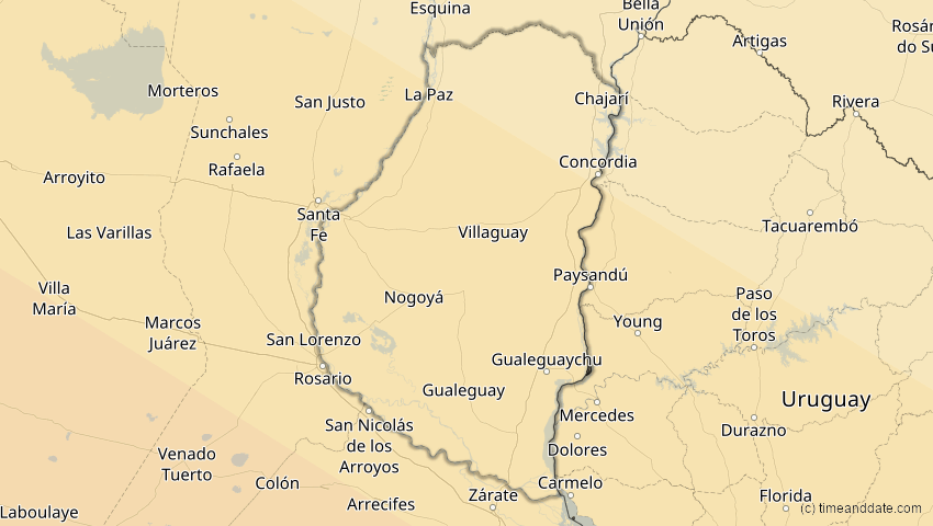 A map of Entre Ríos, Argentinien, showing the path of the 3. Aug 2073 Totale Sonnenfinsternis