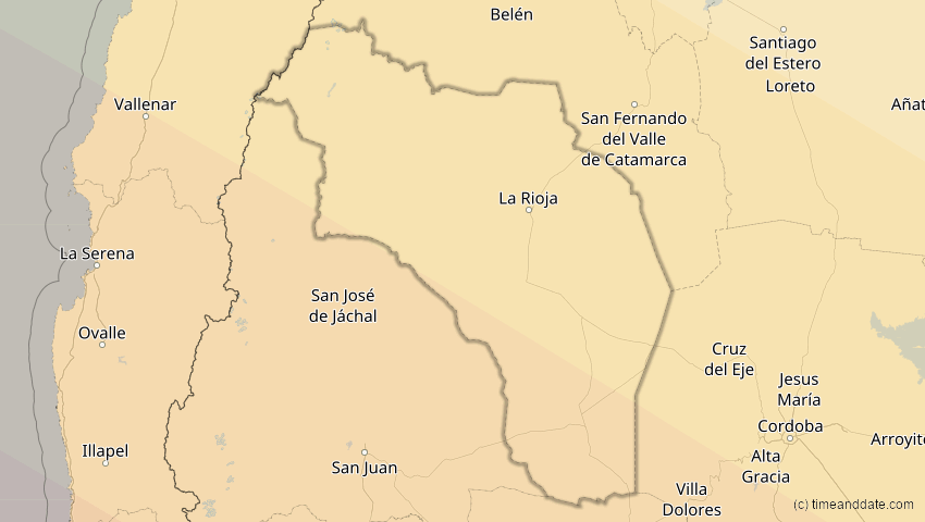 A map of Rioja, Argentinien, showing the path of the 3. Aug 2073 Totale Sonnenfinsternis