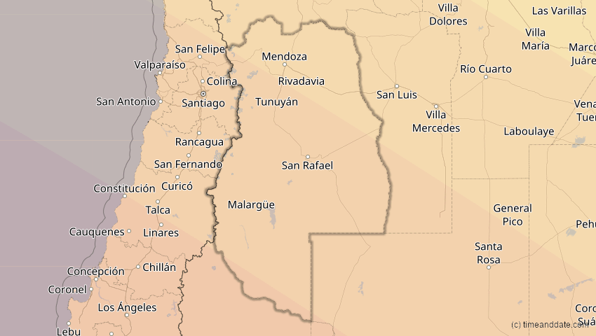 A map of Mendoza, Argentinien, showing the path of the 3. Aug 2073 Totale Sonnenfinsternis