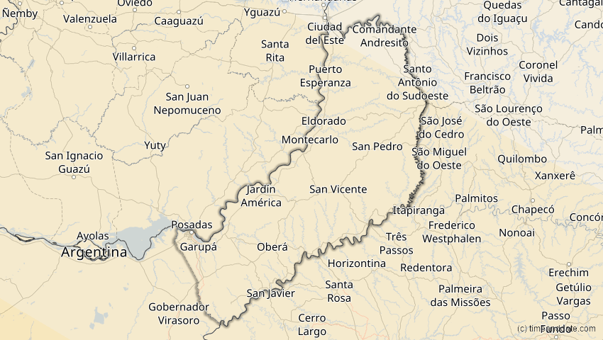 A map of Misiones, Argentinien, showing the path of the 3. Aug 2073 Totale Sonnenfinsternis