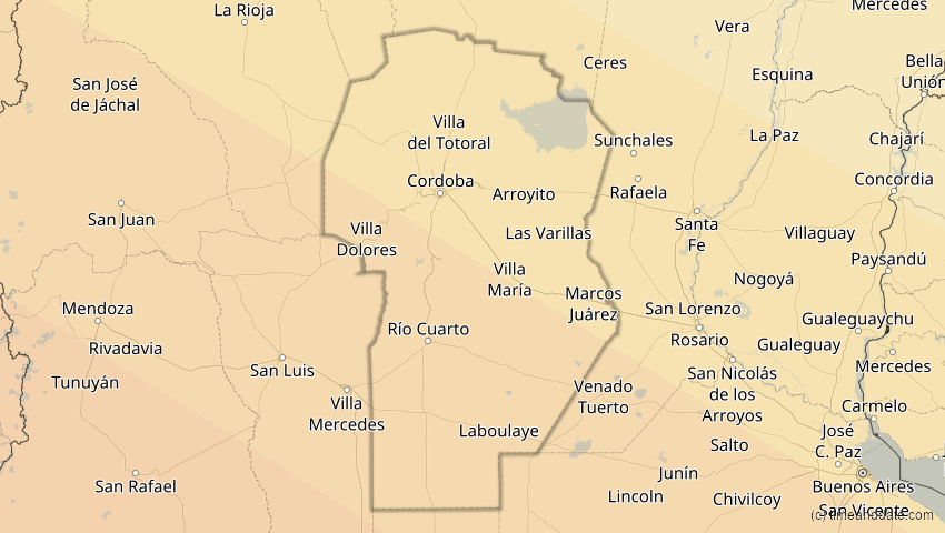 A map of Córdoba, Argentinien, showing the path of the 3. Aug 2073 Totale Sonnenfinsternis