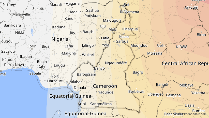 A map of Kamerun, showing the path of the 27. Jan 2074 Ringförmige Sonnenfinsternis