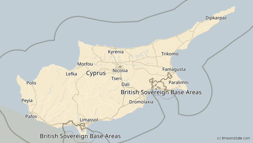 A map of Zypern, showing the path of the 27. Jan 2074 Ringförmige Sonnenfinsternis