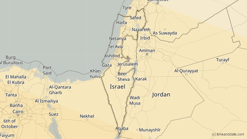 A map of Israel, showing the path of the 27. Jan 2074 Ringförmige Sonnenfinsternis