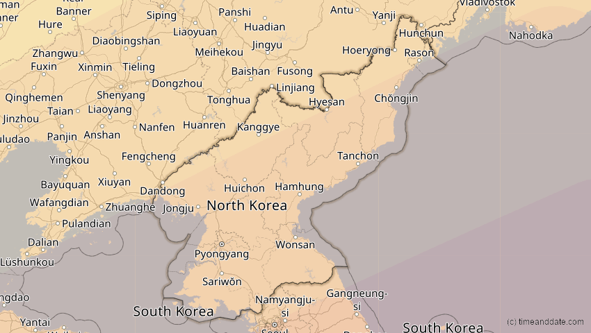 A map of Nordkorea, showing the path of the 27. Jan 2074 Ringförmige Sonnenfinsternis