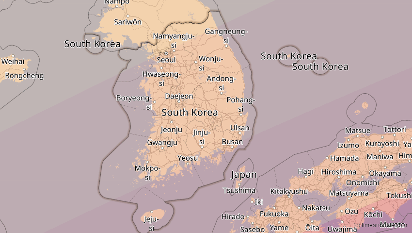 A map of Südkorea, showing the path of the 27. Jan 2074 Ringförmige Sonnenfinsternis