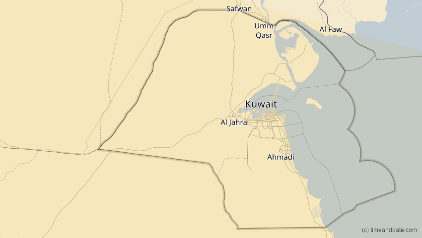 A map of Kuwait, showing the path of the 27. Jan 2074 Ringförmige Sonnenfinsternis