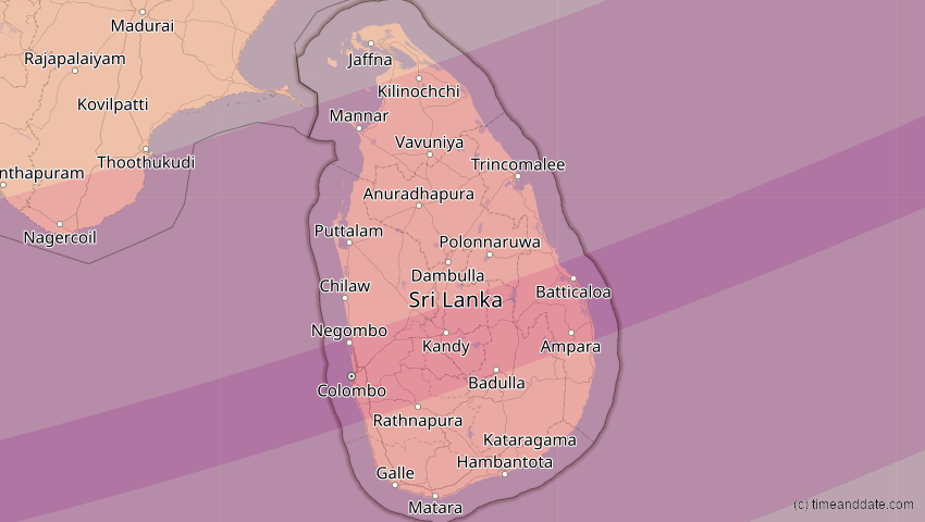 A map of Sri Lanka, showing the path of the 27. Jan 2074 Ringförmige Sonnenfinsternis