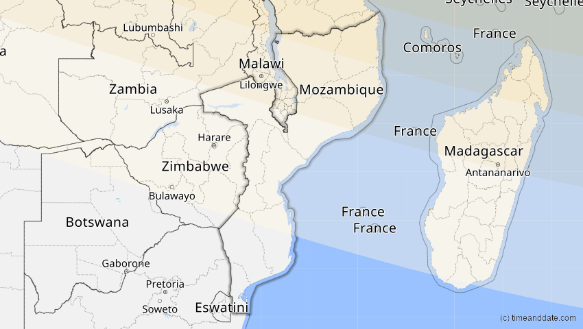 A map of Mosambik, showing the path of the 27. Jan 2074 Ringförmige Sonnenfinsternis