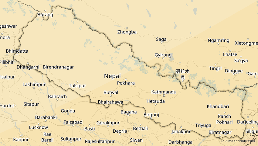 A map of Nepal, showing the path of the 27. Jan 2074 Ringförmige Sonnenfinsternis