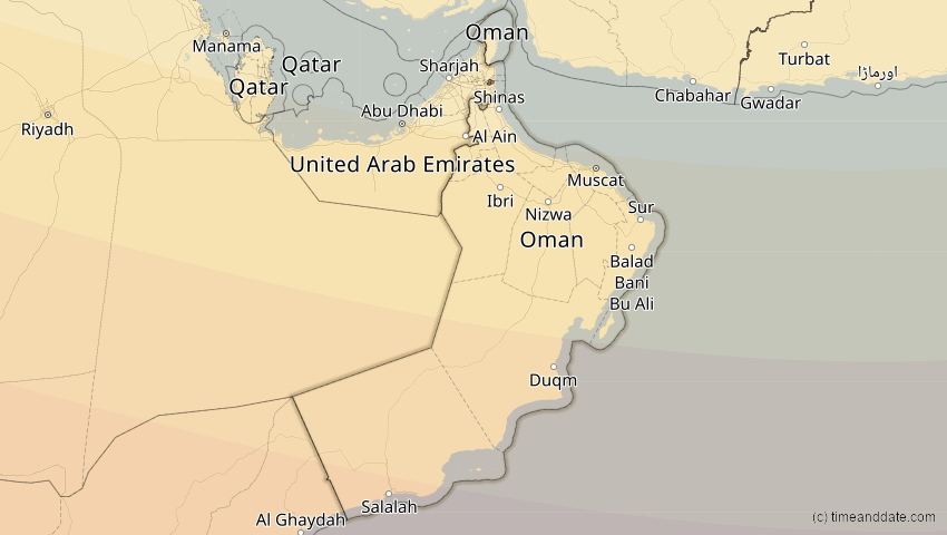 A map of Oman, showing the path of the 27. Jan 2074 Ringförmige Sonnenfinsternis