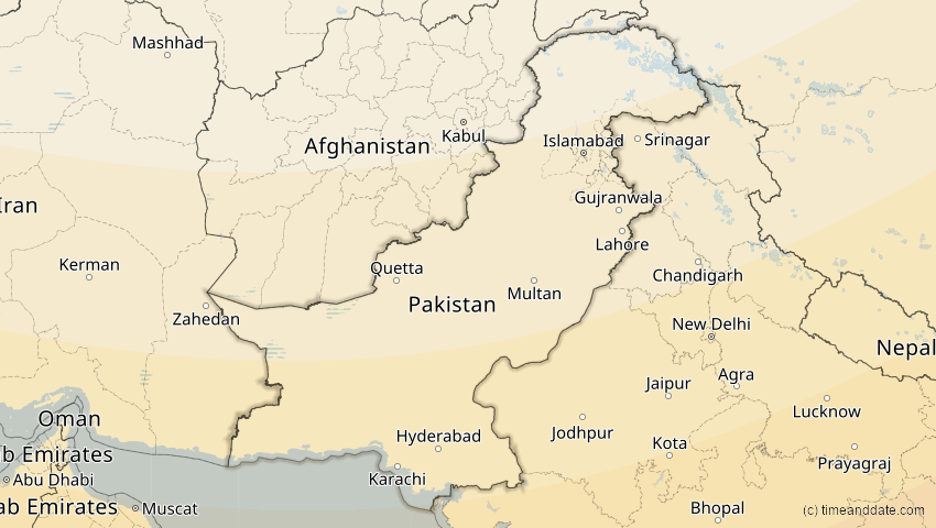A map of Pakistan, showing the path of the 27. Jan 2074 Ringförmige Sonnenfinsternis