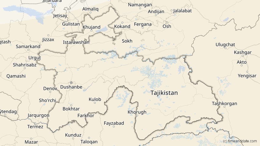 A map of Tadschikistan, showing the path of the 27. Jan 2074 Ringförmige Sonnenfinsternis