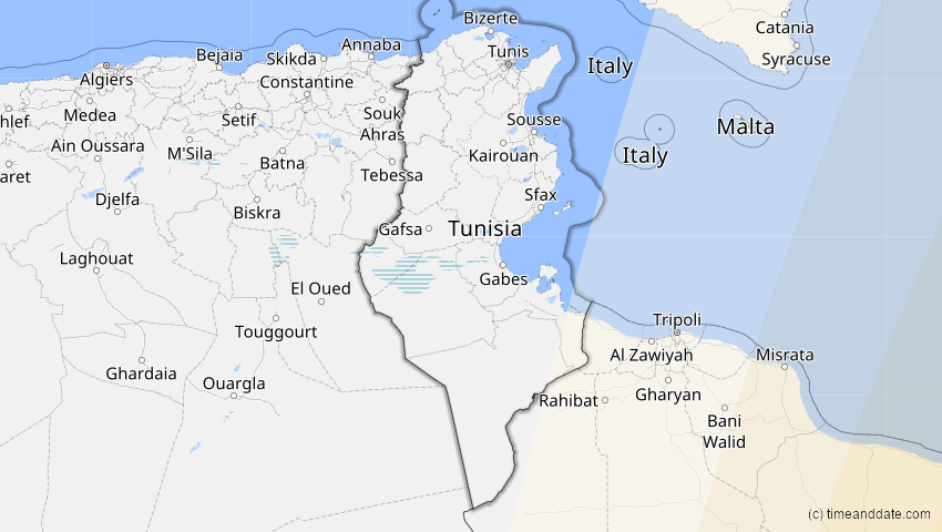 A map of Tunesien, showing the path of the 27. Jan 2074 Ringförmige Sonnenfinsternis