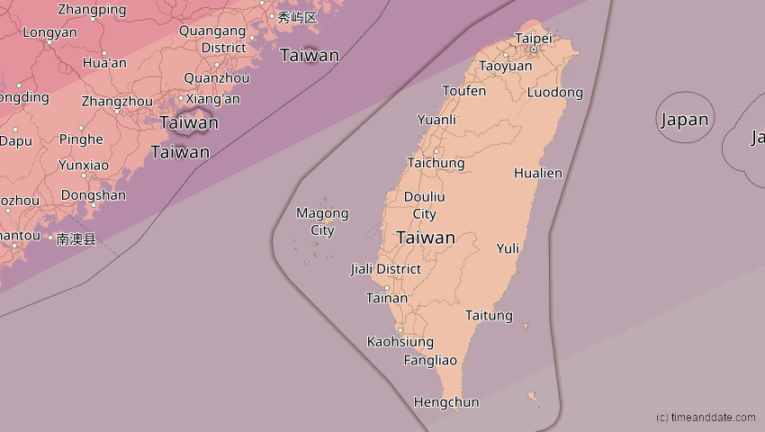 A map of Taiwan, showing the path of the 27. Jan 2074 Ringförmige Sonnenfinsternis