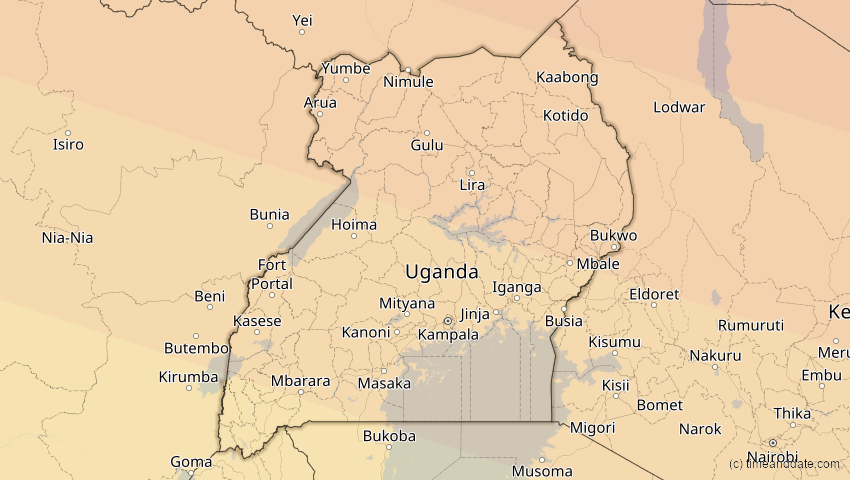 A map of Uganda, showing the path of the 27. Jan 2074 Ringförmige Sonnenfinsternis