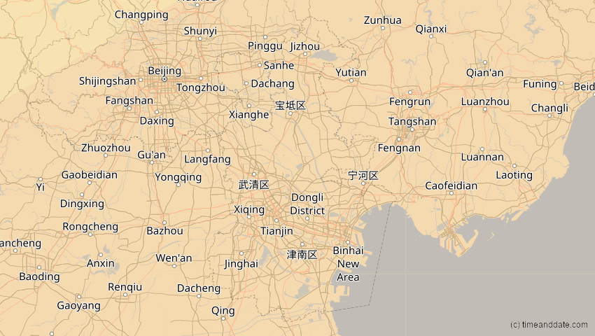 A map of Tianjín, China, showing the path of the 27. Jan 2074 Ringförmige Sonnenfinsternis