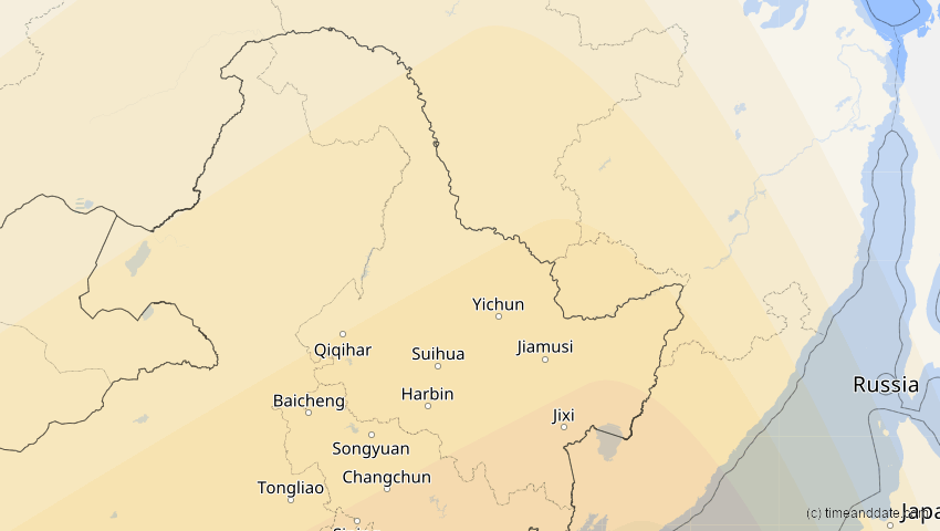 A map of Heilongjiang, China, showing the path of the 27. Jan 2074 Ringförmige Sonnenfinsternis